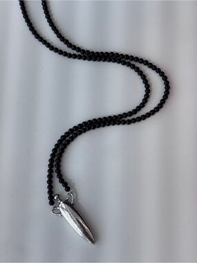 Silver Tone Perfume Bottle Black Agate Stone Strand Necklace